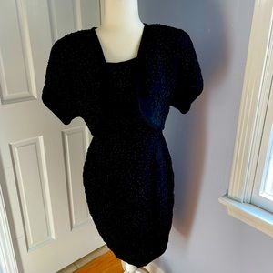 Carmen Marc Valvo beaded cocktail dress with bolero jacket.